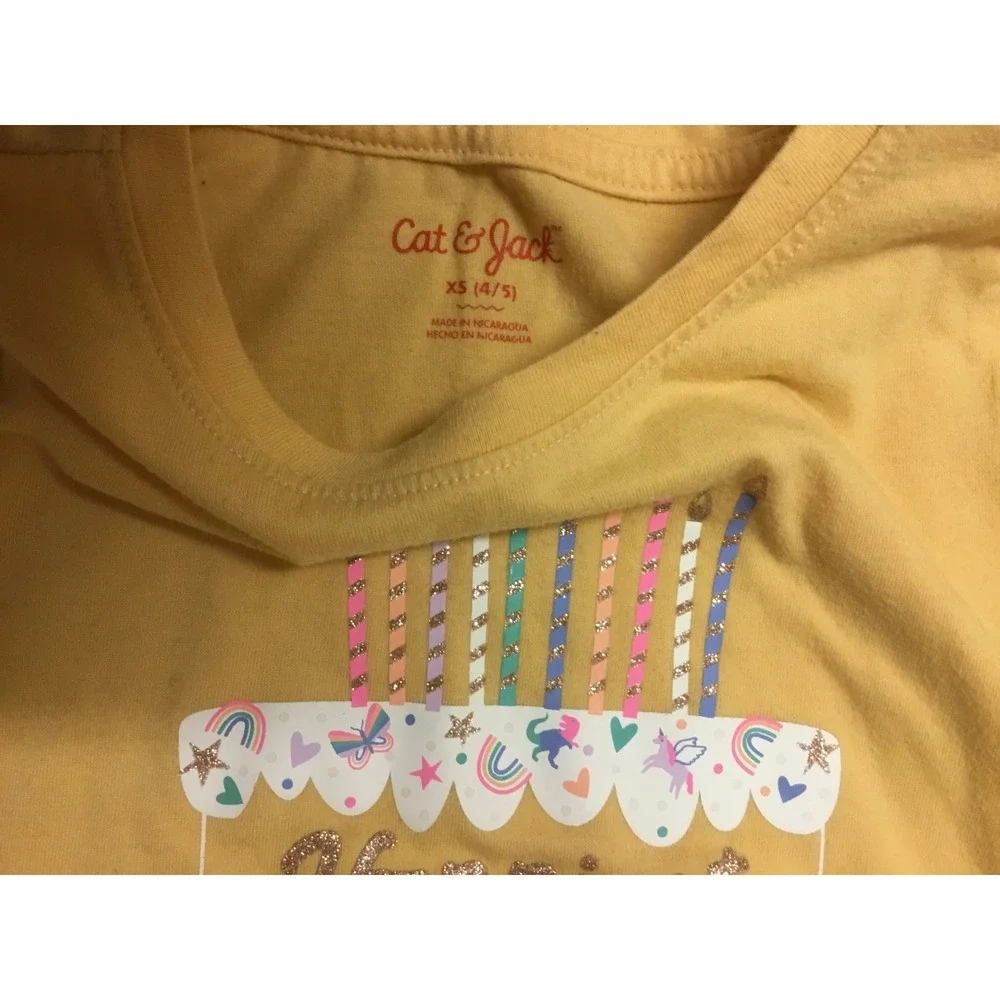Cat & Jack Birthday Cake T-Shirt Girls XS 4/5 Yellow‎ Excellent Glitter Graphic
